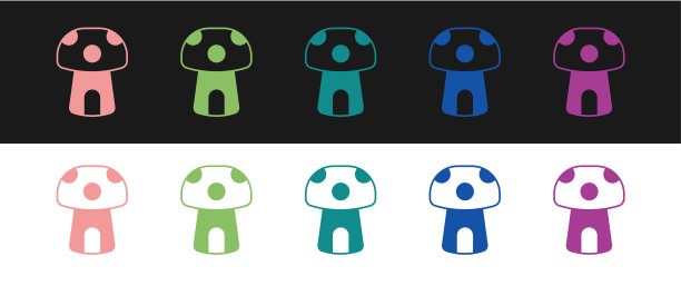 设置幻想蘑菇屋图标孤立在黑白背景上。童话的房子。向量图片下载