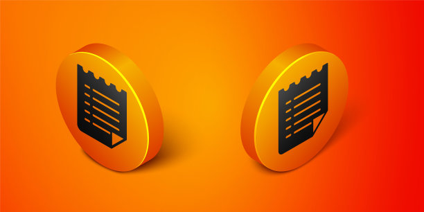 等距愿望列表模板图标孤立在橙色背景。橙色圆按钮。向量图片下载