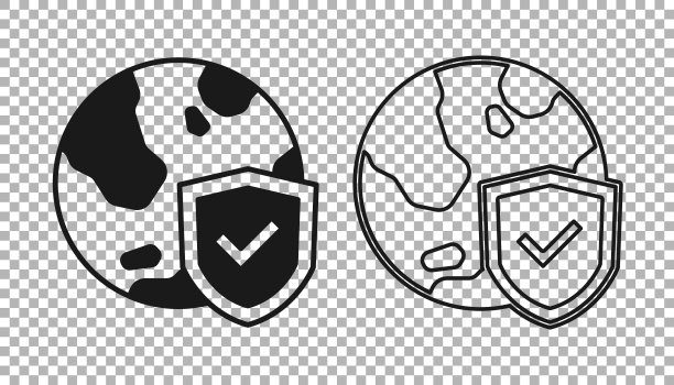 黑盾与世界图标孤立在透明的背景上。保险的概念。安全、安全、保护、隐私理念。向量图片下载