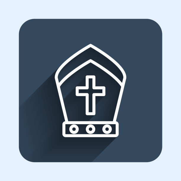 白线教皇帽图标孤立与长阴影背景。基督教的帽子的迹象。蓝色方块按钮。向量图片下载