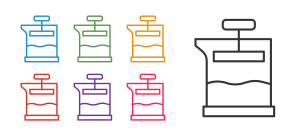 设置线法国press图标孤立在白色背景上。设置图标丰富多彩。向量图片下载