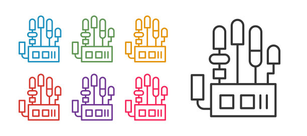 设置线机械机器人手图标孤立在白色背景上。机械臂的象征。技术的概念。设置图标丰富多彩。向量图片下载