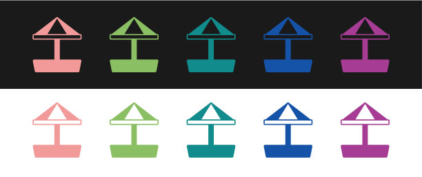 为孩子设置沙盒与沙和伞图标孤立在黑白背景上。向量图片下载