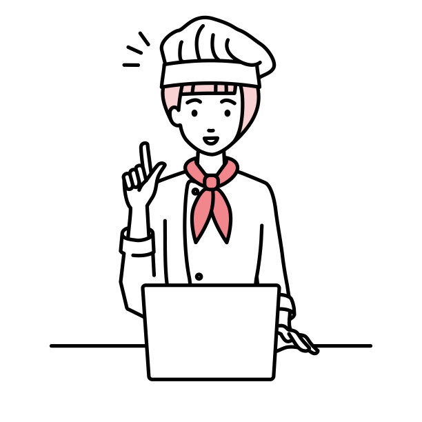 一位女士用笔记本电脑做饭，用手指着她的桌子图片下载