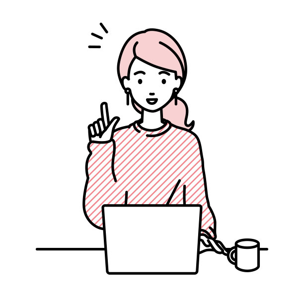一个穿着休闲风格的女人用笔记本电脑，拿着一个杯子，用手指着她的桌子图片下载