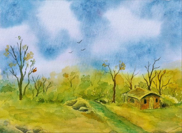水彩画，乡村风景画。图片下载