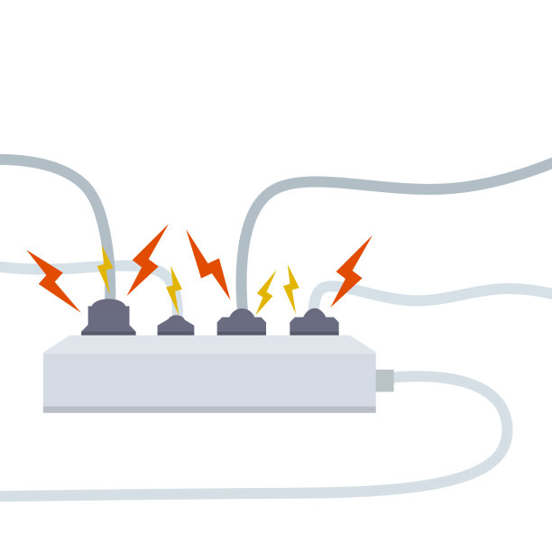 电路。电源插座有电击、红色闪电和黄色火花。连接器,插头。系统过载。设备的问题。火情与烟雾和安全。图片下载
