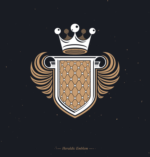 纹章外套纹章与复制空间和涡卷装饰徽章。翼保护盾徽章创建与皇家皇冠，孤立的矢量插图。图片下载
