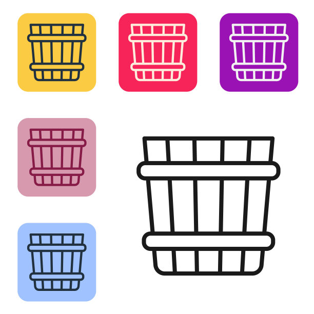 黑色线条桑拿桶图标孤立在白色背景上。设置彩色方块按钮图标。向量图片下载