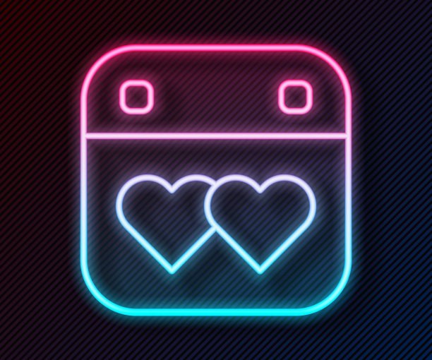 发光的霓虹灯线日历与心脏图标孤立在黑色背景。情人节。爱的象征。2月14日。向量图片下载
