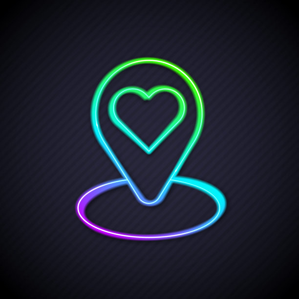 发光的霓虹灯线地图指针与心脏图标孤立在黑色背景。情人节。爱的位置。浪漫的地图销。向量图片下载