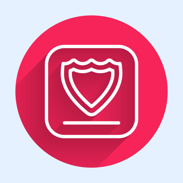 白线盾图标与长阴影隔离。警卫队的迹象。安全、安全、保护、隐私理念。红色圆圈按钮。向量图片下载