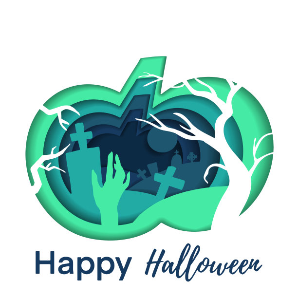 向量万圣节插图。满月背景上的一只手，旁边是十字架，树和南瓜里面的墓碑。一个优雅的幽灵假日纹理完美的礼品卡和更多。图片下载