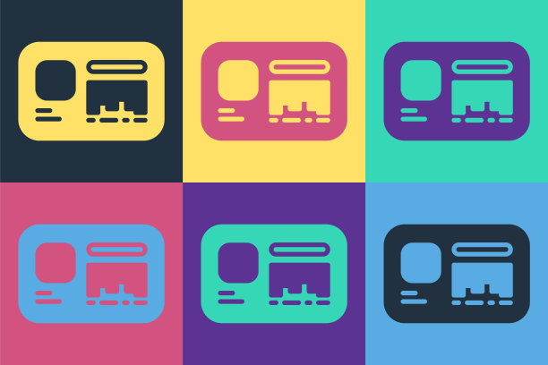 波普艺术识别徽章图标孤立的颜色背景。它可以用于展示，公司的身份，广告。向量图片下载