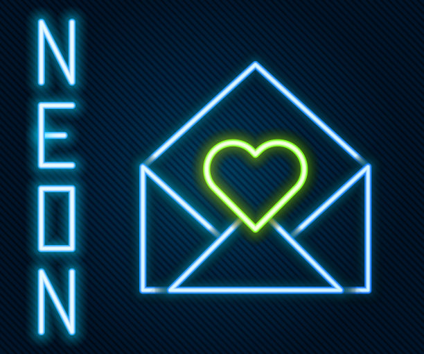 发光霓虹灯线信封与情人节心脏图标孤立在黑色背景。消息的爱。情书和浪漫。色彩斑斓的轮廓的概念。向量图片下载