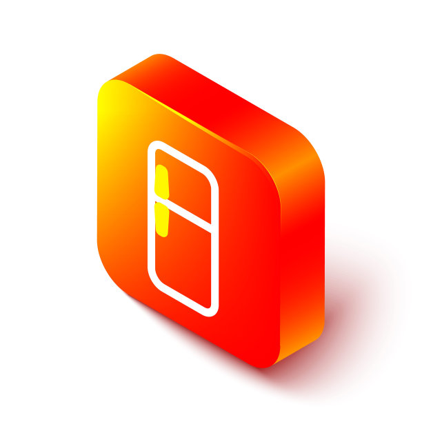 冰箱的等距线图标孤立在白色背景上。冰箱冷冻冰箱。家用科技和电器。橙色平方按钮。向量图片下载