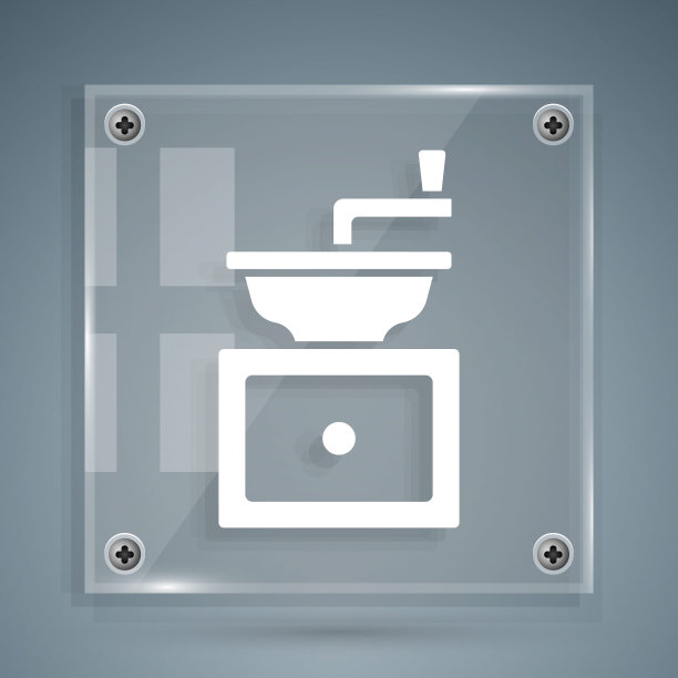 白色手动咖啡研磨器图标孤立在灰色背景。方形玻璃面板。向量图片下载