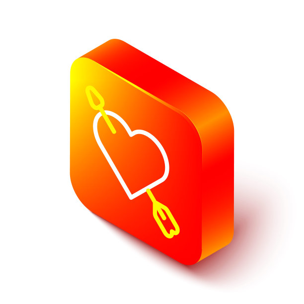 等距线爱的符号与心脏和箭头图标孤立在白色背景上。爱的信号。情人节快乐。橙色平方按钮。向量图片下载