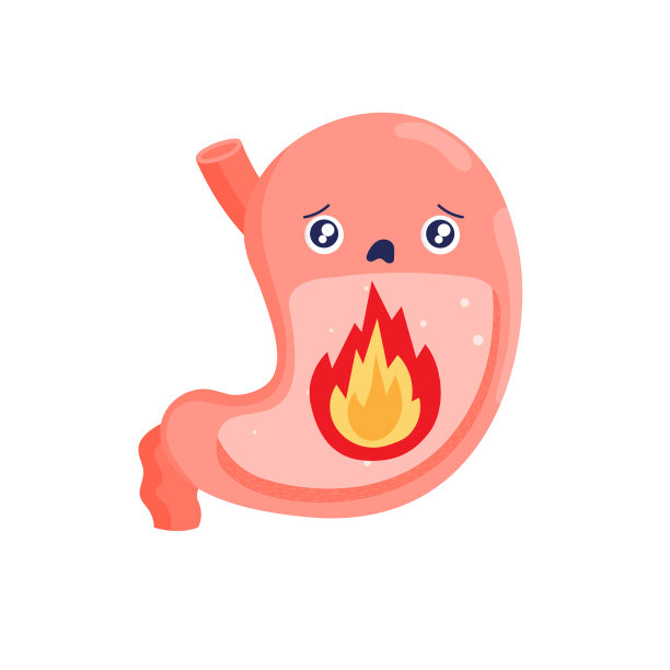 胃的性格。境况不佳的燃烧的胃。卡通内部器官。胃炎和炎症。饮食不当，酸，感染。股票矢量插图孤立在白色背景上。图片下载