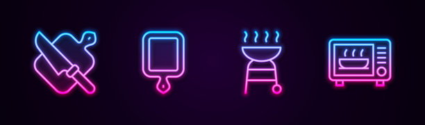 集切菜板、刀、烧烤架、微波炉于一体。发光的霓虹灯图标。向量图片下载