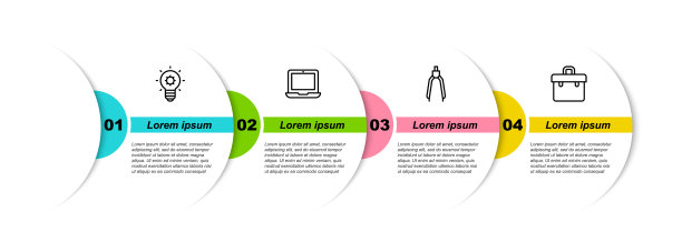 设置线路灯泡，笔记本电脑，绘图指南针和公文包。业务信息模板。向量图片下载