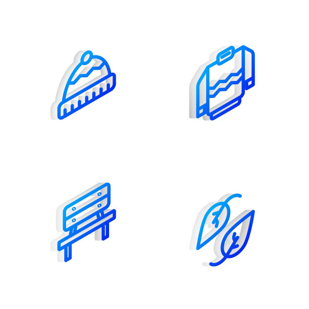 设置等距线毛衣，冬季帽子，长凳和叶子图标。向量图片下载
