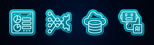 设置线计算机api接口，神经网络，云数据库和人工智能机器人。发光的霓虹灯图标。向量图片下载