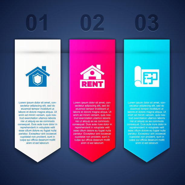 设置房子与盾，挂招牌出租和计划。业务信息模板。向量图片下载