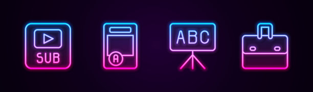 设置线视频字幕，考试表A +等级，黑板和公文包。发光的霓虹灯图标。向量图片下载