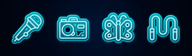 设置线麦克风，摄影相机，蝴蝶和跳绳。发光的霓虹灯图标。向量图片下载