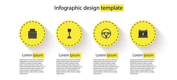 设置汽车空气滤清器、变速杆、方向盘和电池。业务信息模板。向量图片下载