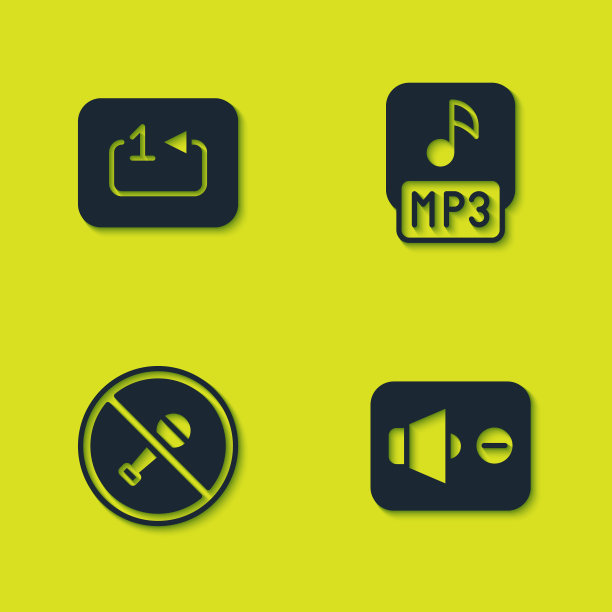 设置重复轨道音乐播放器，扬声器静音，静音麦克风和MP3文件图标。向量图片下载