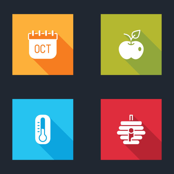 设置十月日历秋季，苹果，温度计和蜂箱为蜜蜂的图标。向量图片下载