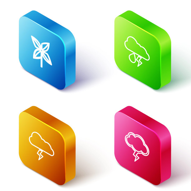 设置等距线风车，云与雨和闪电，风暴和图标。向量图片下载