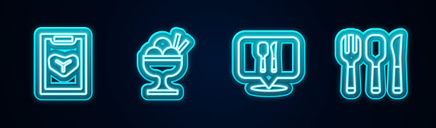 餐厅咖啡厅菜单，冰淇淋在碗，咖啡厅和餐厅的位置和叉子，勺子刀。发光的霓虹灯图标。向量图片下载