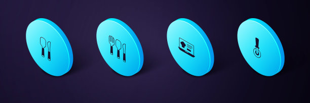 设置等距比萨饼刀，在线订购和配送，叉子，勺子和刀的图标。向量图片下载