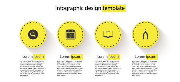 设置放大镜，日历，打开书和绘制指南针。业务信息模板。向量图片下载
