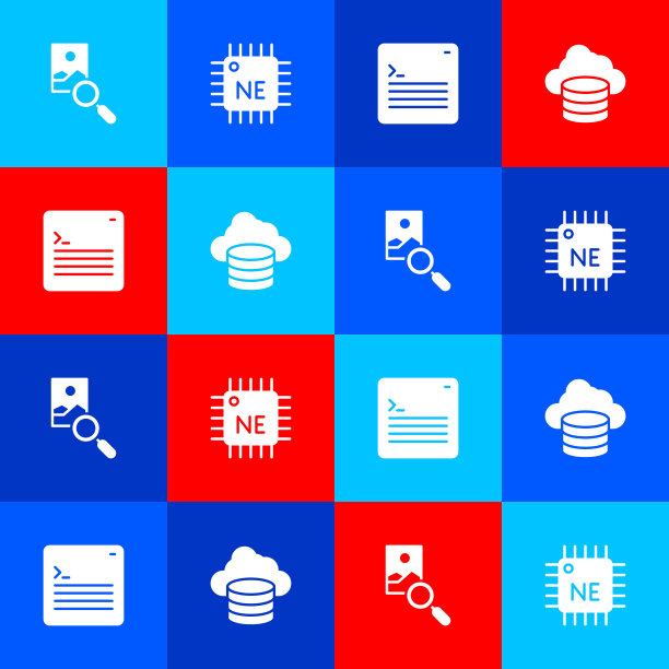 设置照片修饰、处理器CPU、Web开发人员编程代码和云数据库图标。向量图片下载