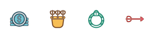 设置古代钱币，箭袋与箭，魔法石戒指和箭的图标。向量图片下载