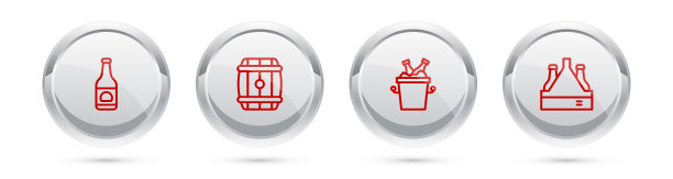 设置线啤酒瓶，木桶，瓶在冰桶和包装啤酒。银圈按钮。向量图片下载