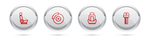 设置线汽车座椅，制动盘带卡钳，和遥控键。银圈按钮。向量图片下载