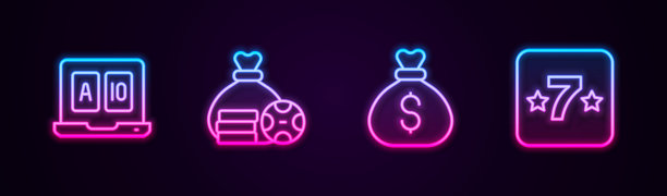 在线扑克桌游戏，钱袋，和赌场老虎机。发光的霓虹灯图标。向量图片下载
