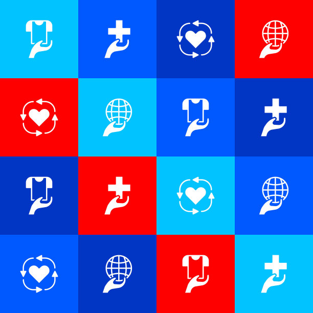 设置衣服捐赠，十字架心，志愿者和手握地球图标。向量图片下载