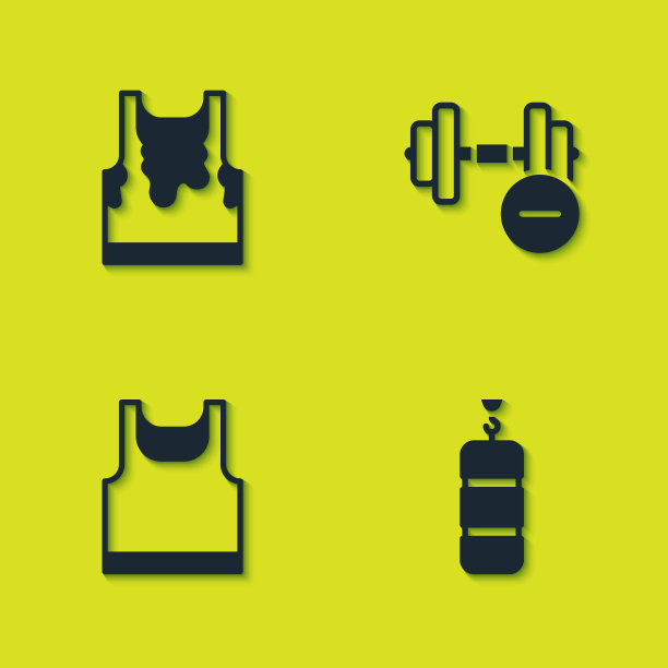 设置汗湿无袖t恤，沙袋，无袖和哑铃图标。向量图片下载