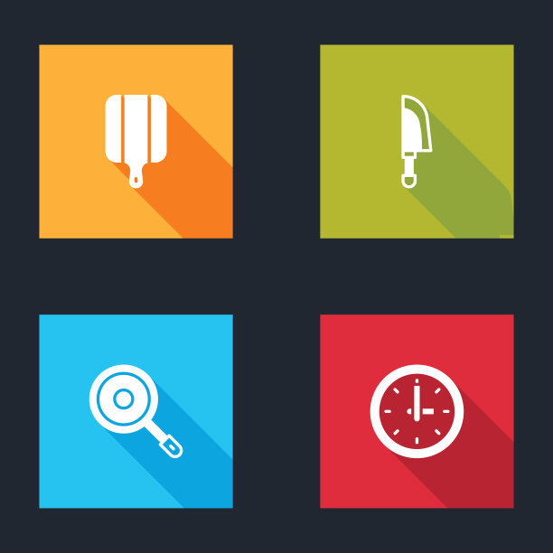 设置切菜板，刀，煎锅和时钟图标。向量图片下载