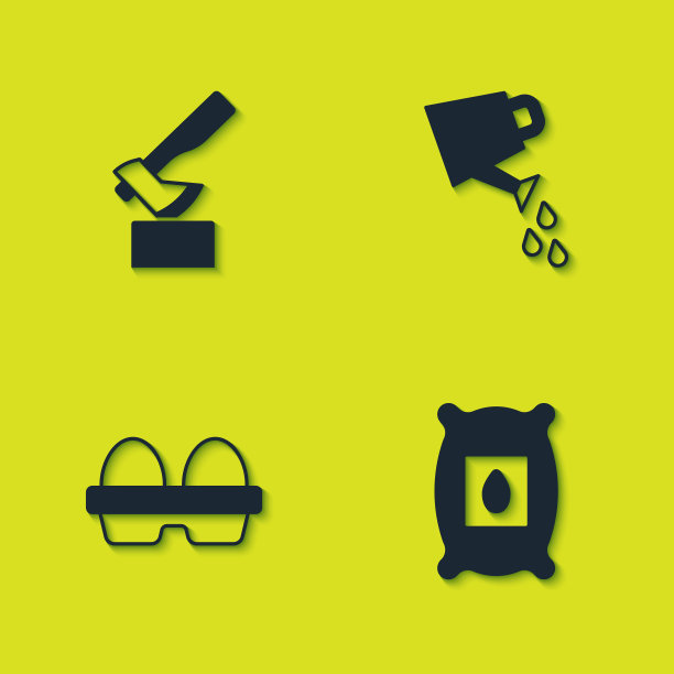 Set Wooden axe, Pack full of seeds of plant, Chicken egg in box and watercan icon。向量图片下载