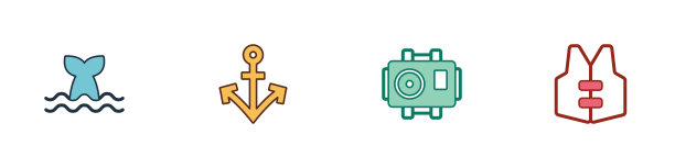 设置鲸鱼尾巴，锚，潜水员和救生衣图标的照片相机。向量图片下载