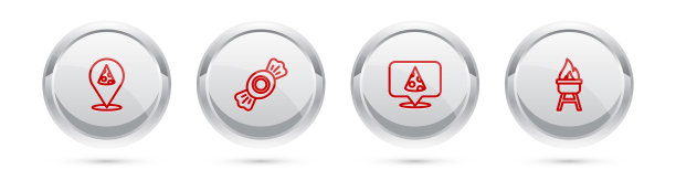 设置线片披萨，糖果，烧烤烧烤。银圈按钮。向量图片下载