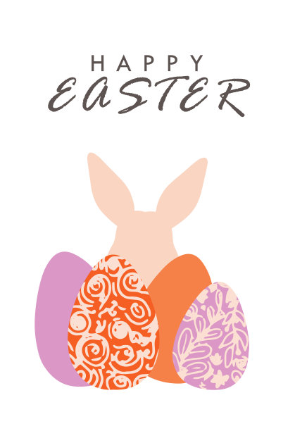 美丽的矢量明信片带有兔子，彩色的彩蛋，一个美丽的题词快乐的复活节。粉色和橙色。简单的平面和卡通风格。背景设计，明信片，贴纸，传单。图片下载