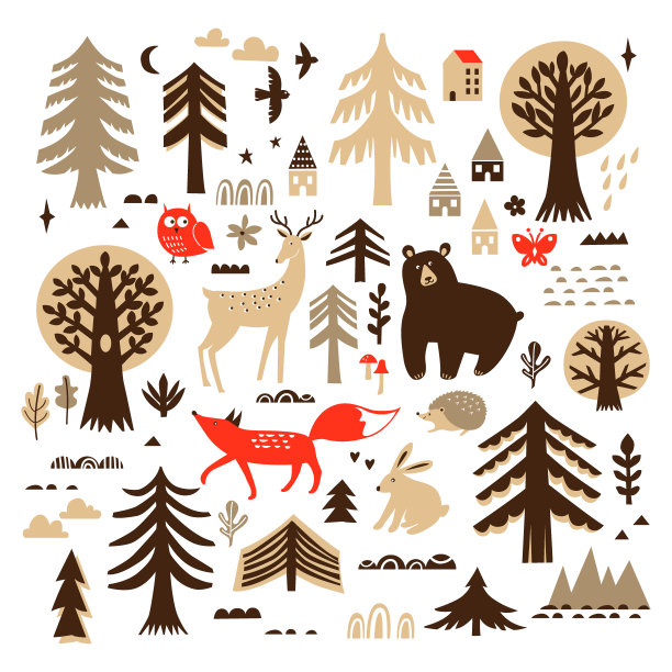 森林动物和植物平面插图集。图片下载